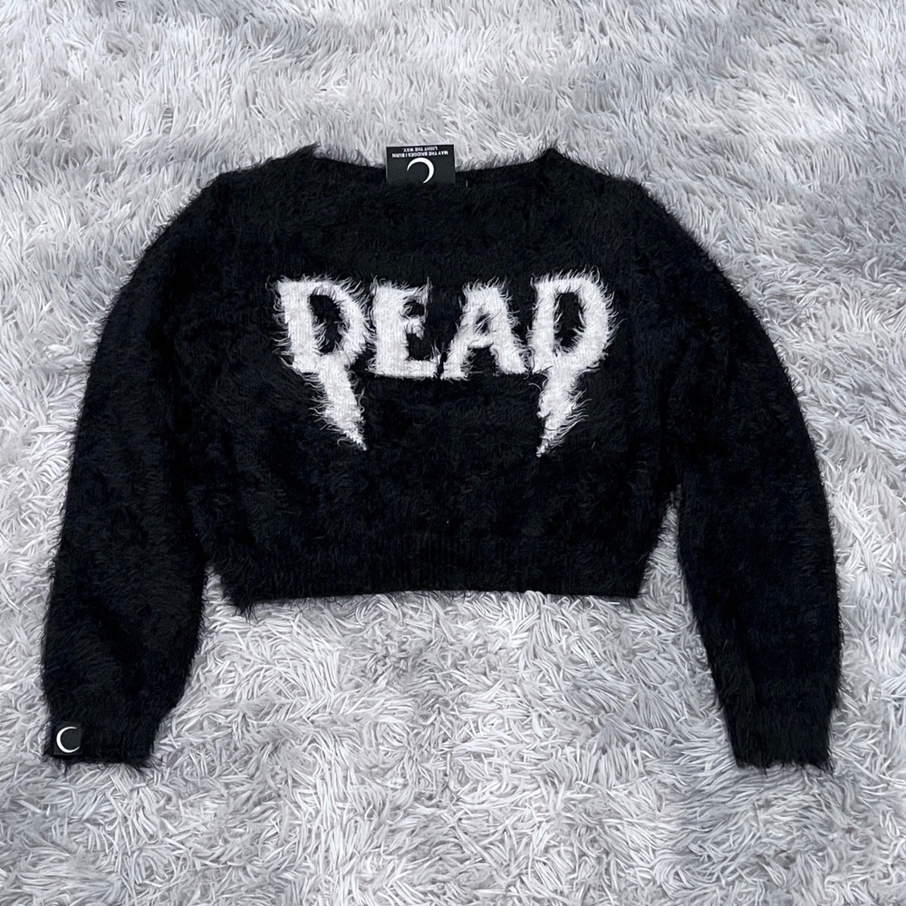 KILLSTAR Black Fuzzy DEAD Graphic Knit Cropped Sweater Goth Grunge Witchy XL - Picture 12 of 12